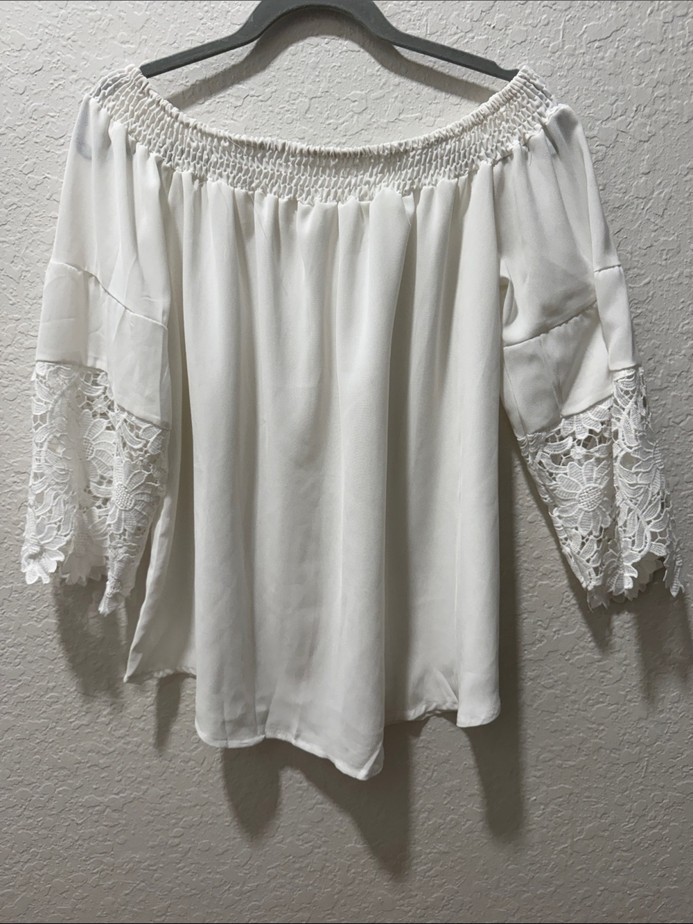 Off-Shoulder White Blouse with Crochet Bell Sleeves
